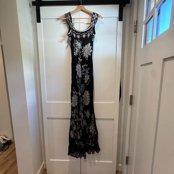 Adrianna Papell Y2K Silk Beaded Maxi Dress Black Floral Embroidery 0/XS - Picture 9 of 12